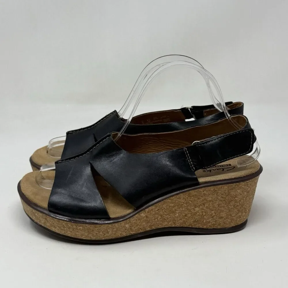 Clarks Rosemund Dune Platform Wedge Sandals Womens 8.5 Black Slingback Boho Chic